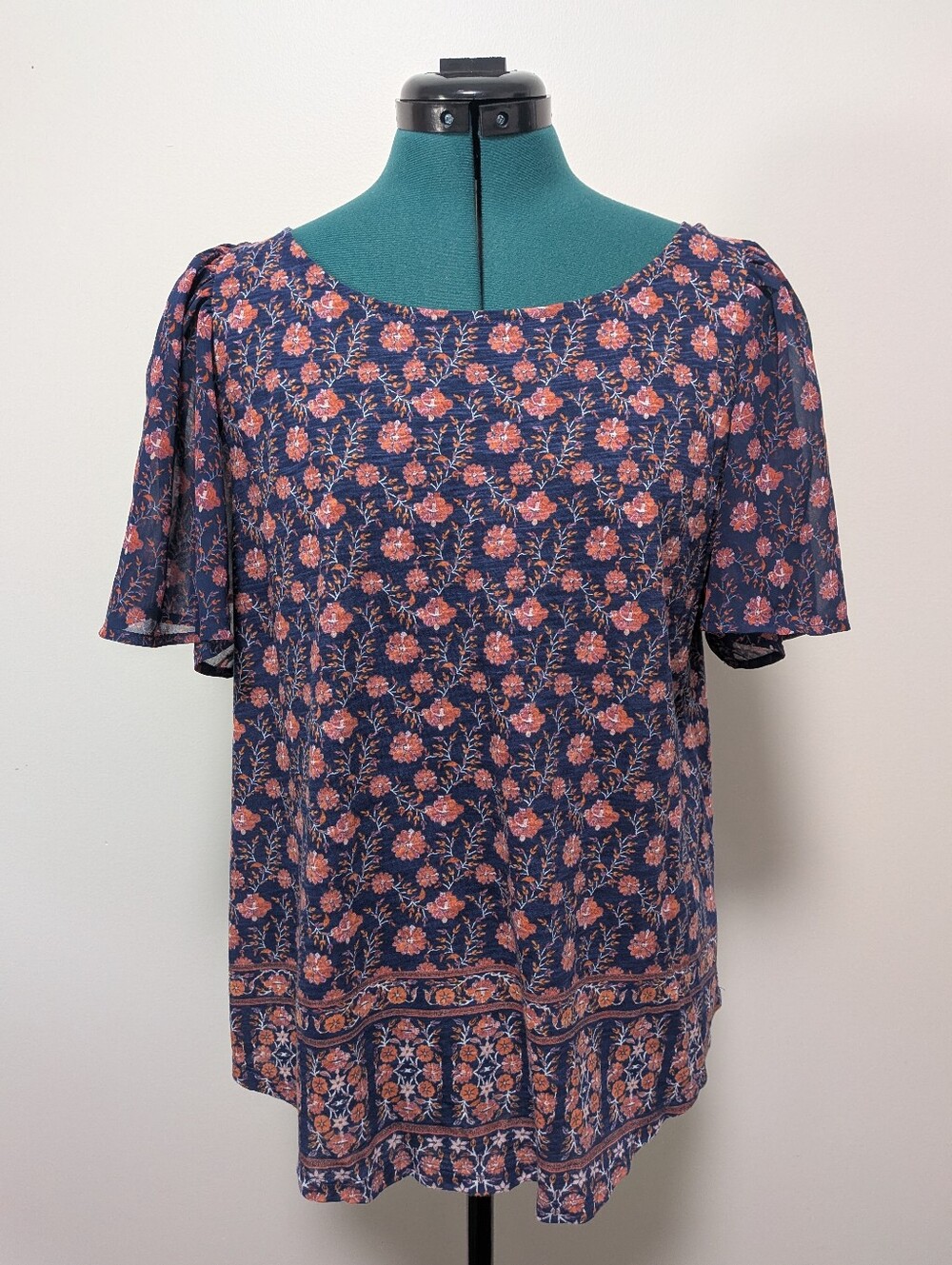 Lucky Brand Open Back Floral Short Flutter Sleeve Top - Navy with Coral Floral